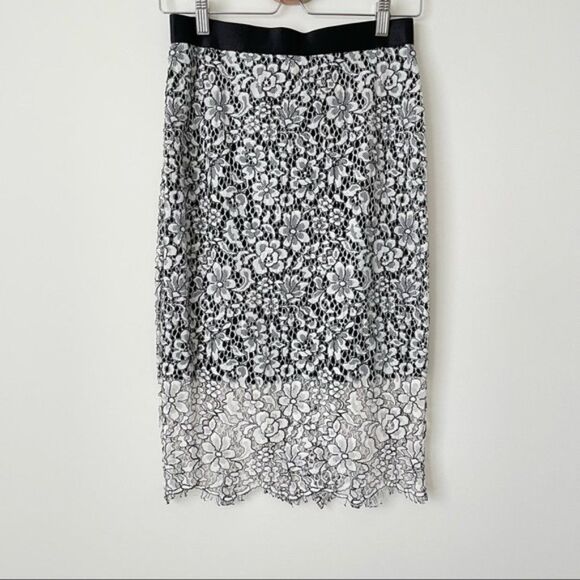Express Lace Floral Pencil Slit Midi Work Office Skirt Black/ White 4 NEW - Picture 2 of 6
